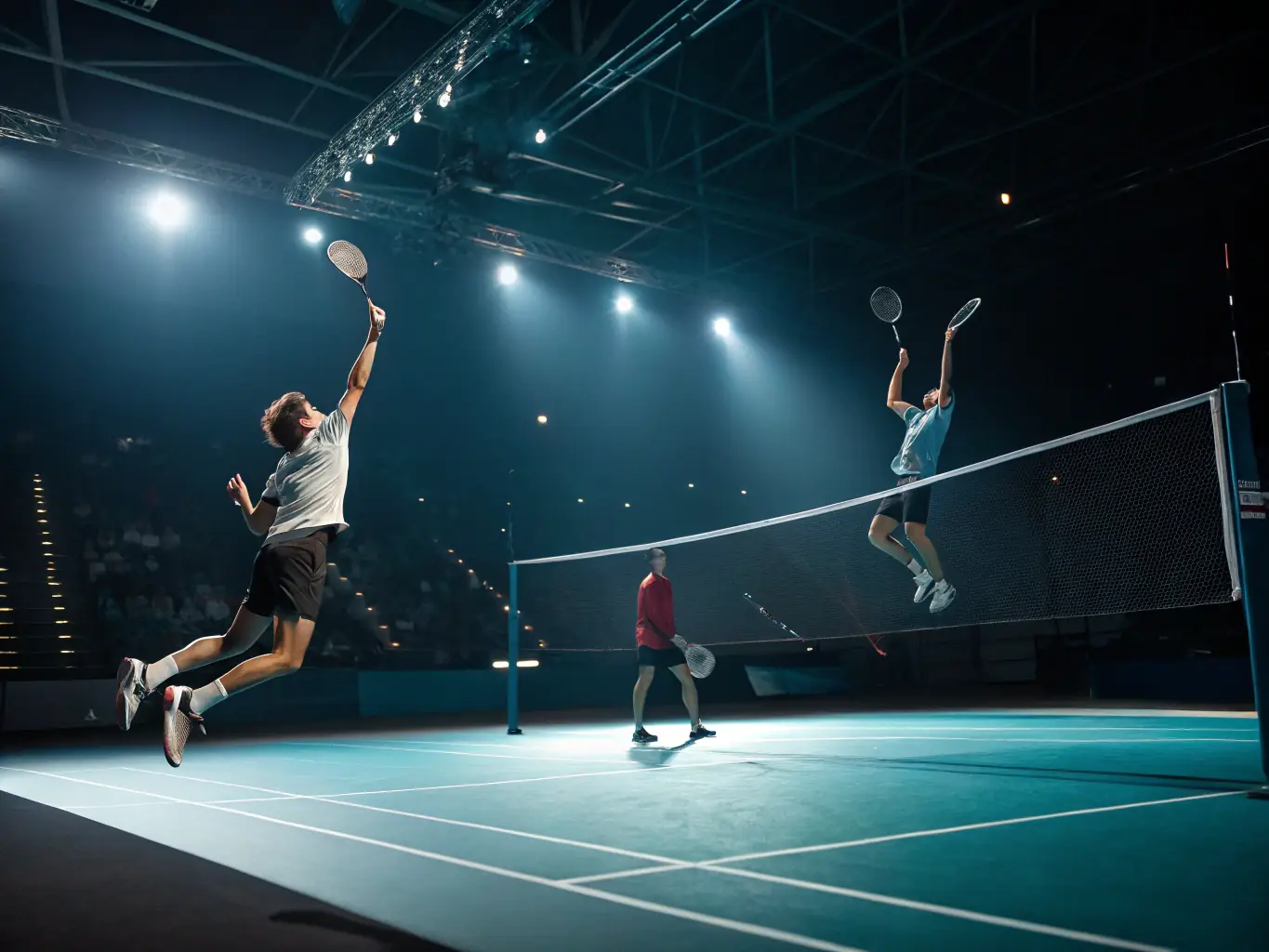 A dynamic shot of players engaged in a friendly badminton match, showcasing agility and teamwork.
