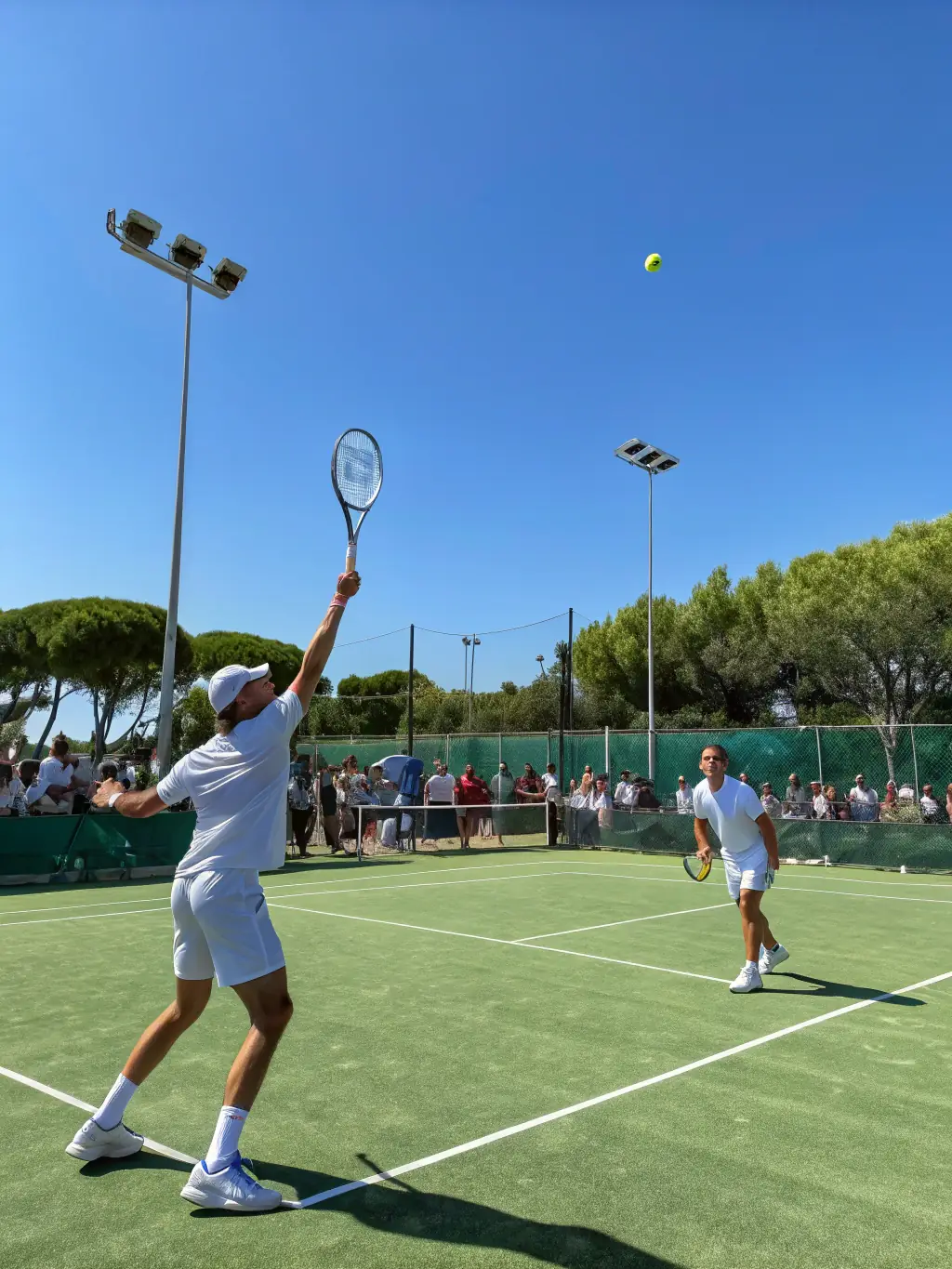 A vibrant image of adults participating in a tennis lesson on a sunny outdoor court at SAINT-DIDIER SPORTS TENNIS & BADMINTON CLUB, focusing on the coach providing instruction and players actively engaged in drills.
